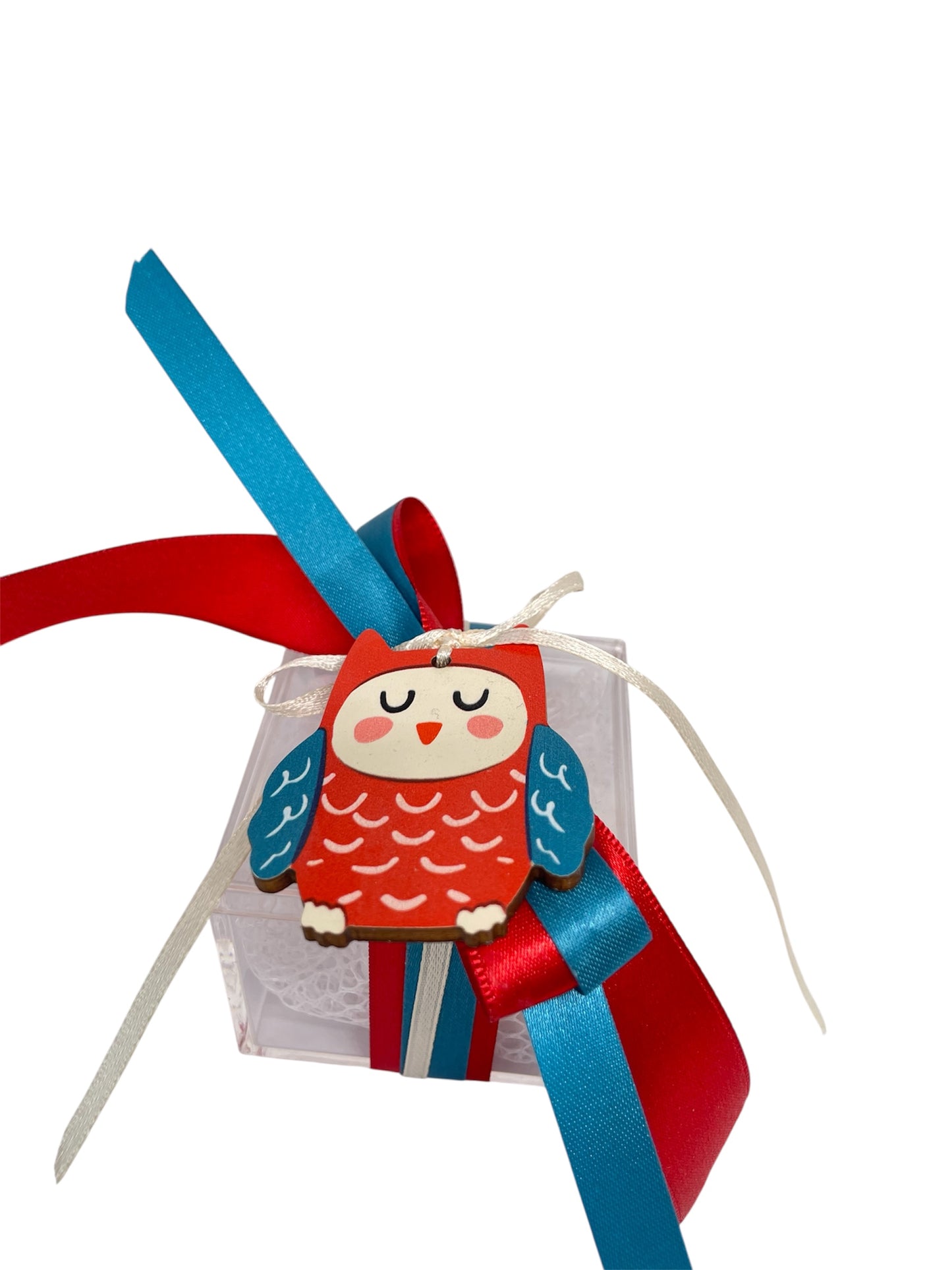 Μπομπονιέρα κουκουβάγια σε κουτάκι plexiglass